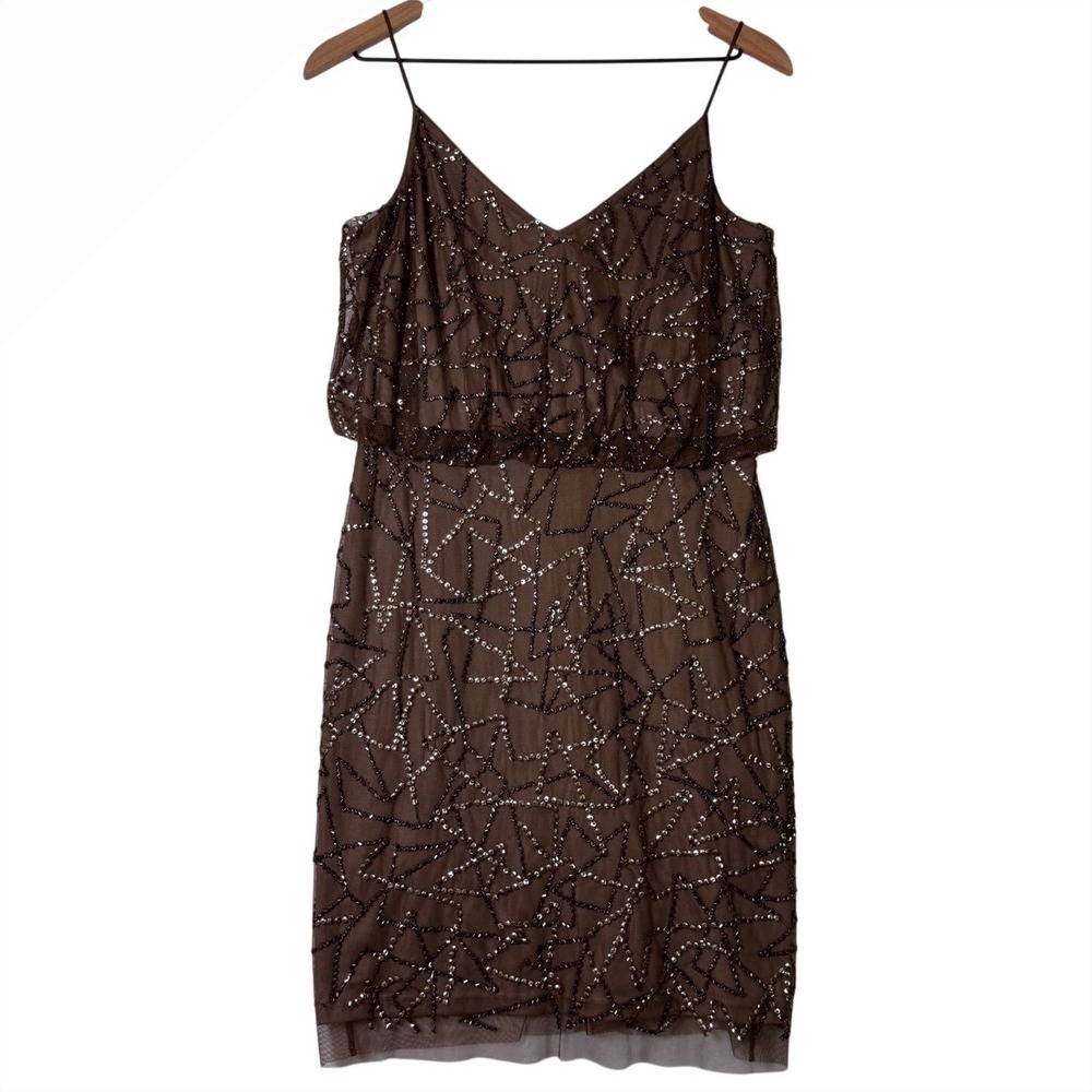 Adrianna‎ Papell Womens 6 Brown Beaded Sequin Cocktail Dress Gatsby Glam
